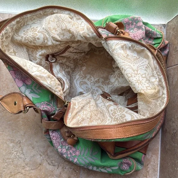 Anthropologie Lucky Penny Shoulder Bag Overnight Tote Satchel Floral Leather - Picture 5 of 16